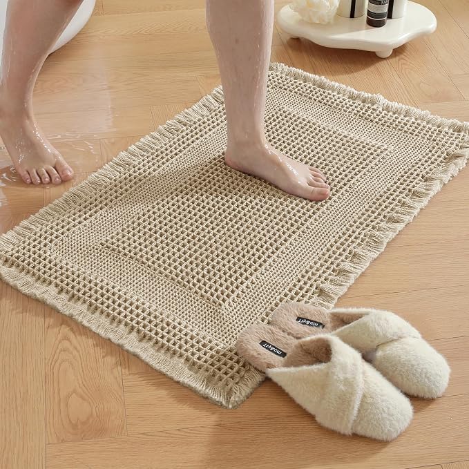 Waffle Bath Mat - Super Water Absorbing Bath Mat Quick Dry, Bathroom Rugs Non Slip Washable with Tassels, Rubber Backed Bathroom Mat for Bathroom Floor, Tub and Shower, 17" x 24", Brown