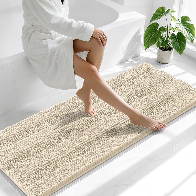 Smiry Thick Chenille Bathroom Runner Rugs 59x20, Absorbent Striped Bath Mat, Machine Washable, Rubber Backing, Extra Long Bath Rugs for Tub & Shower, Modern Home Decor Accessories, Sand