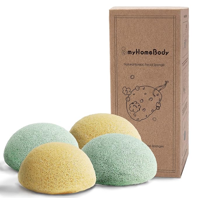 myHomeBody Natural Konjac Facial Sponges, Turmeric Yellow & Sage Green | Natural Konjac Sponge, Charcoal Face Sponge, Gentle Face Cleansing, Facial Exfoliation, With Turmeric and Aloe Vera