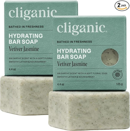 Cliganic Hydrating Bar Soap - Body Soap For |Men & Women with 98% Natural Ingredients Cleanses, Moisturizes & Nourishes, Leaves Skin Soft - Vetiver Jasmine Scent (2 Pack)