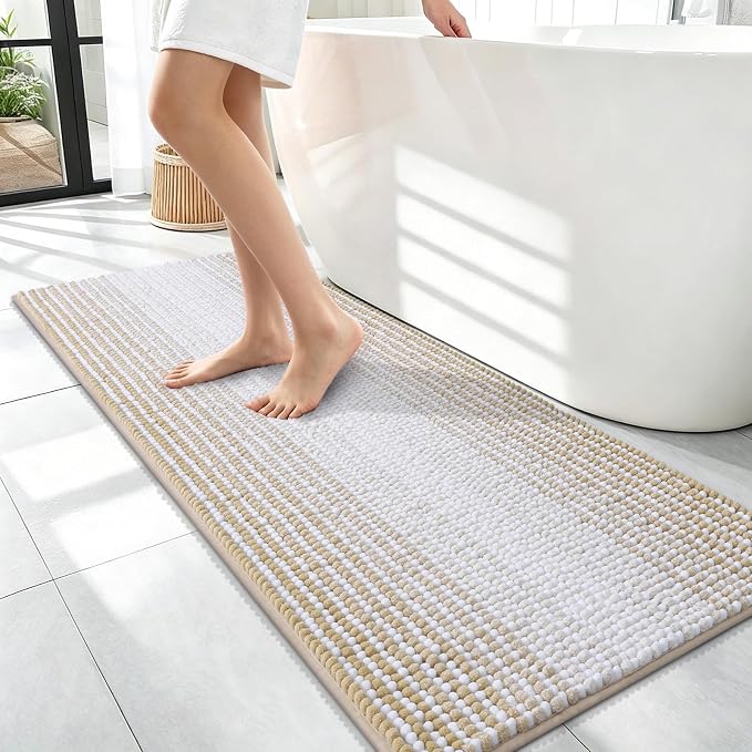 OLANLY Bathroom Runner Rugs 47x17, Extra Soft Absorbent Chenille Striped Bath Rugs, Rubber Backing, Machine Wash Dry, Long Bath Mats for Bathroom, Tub, Shower, Home Decor Accessories, Beige