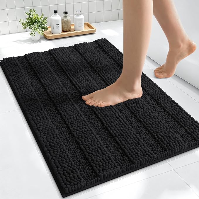 Smiry Thick Small Chenille Bathroom Rugs 24x16, Extra Soft Absorbent Striped Bath Mat, Machine Washable, Rubber Backing, Bath Rugs for Tub & Shower, Modern Home Decor Accessories, Black