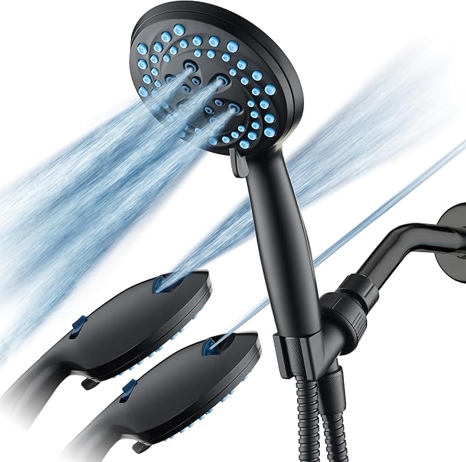 AquaCare Seen-On-TV High Pressure 8-mode Handheld Shower Head - 2-mode Power Wash to Clean Tub, Tile & Pets, Stay-Clean Nozzles, Extra Long 6 ft. Stainless Steel Hose, Wall & Overhead Brackets, Black
