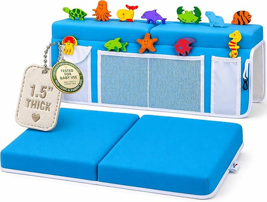 Supa Ant Bath Kneeler –8 Suction Cups & 1.5" Padding.Certified Non Toxic Bath Kneeling Pad for Bath Tub & 5 Bath Organizer. Fast Dry Baby Bath Kneeler and Elbow Rest Pad Set Blue