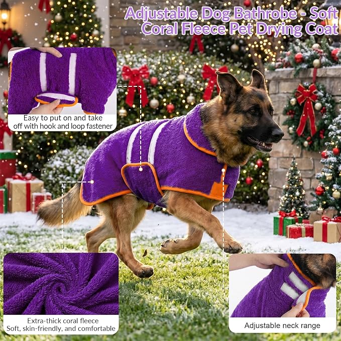 Bienbee Dog Bathrobe, Quick Drying Super Absorbent Pet Robes for Small Medium Large Dogs, Drying Coat for After Bath & Swim, Warm & Cozy Dogs Towels, Dog Puppy Bath Supplies, Purple XXL