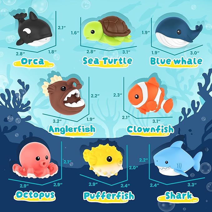Zippytots 8 PCS Ocean Animal Bath Toys Mold Free Infant Bath Tub Toys for 12 Months - No Hole Bathtub Toys for Toddlers 1-3 Water Pool Toys for Baby Toddler Ages 1+
