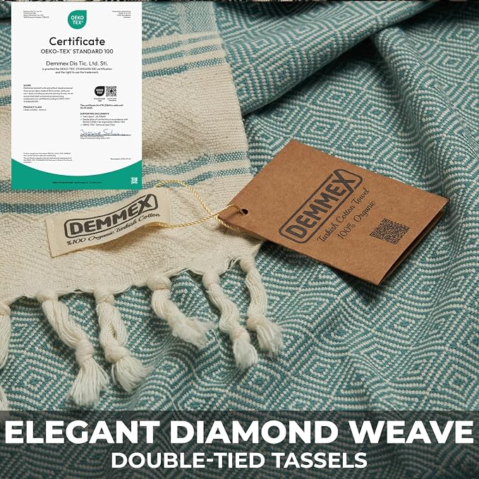 DEMMEX Organic Diamond Turkish Bath & Beach Towel | 100% Oeko-TEX Certified Turkish Cotton, Ultra-Soft, Quick-Dry, Lightweight, Oversized Luxury Peshtemal Towel, Prewashed, 71"x36", Olive Green