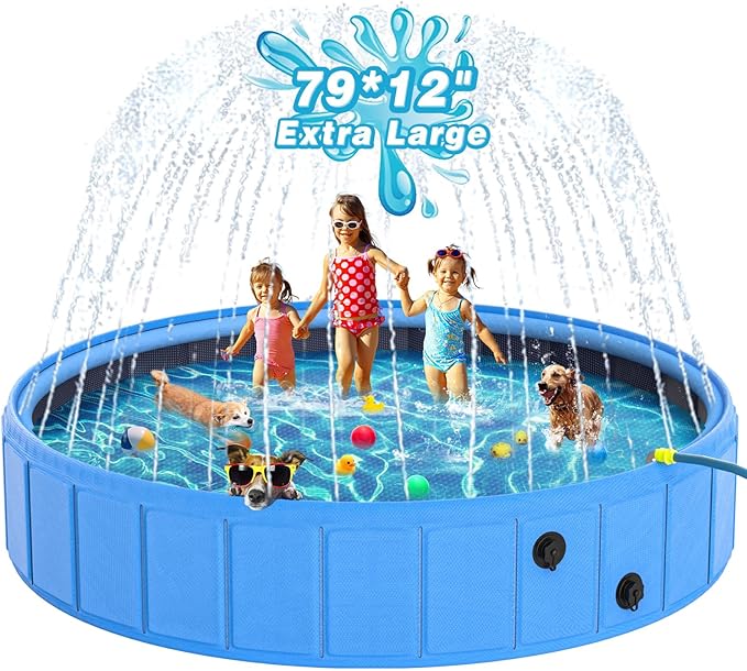 EPN Large Foldable Dog Pool – 0.55MM PVC 2-in-1 Portable Bathtub & Sprinkler for Dogs, Cats, Kids – Heavy Duty, Non-Slip, Summer Water Toy (79 in)