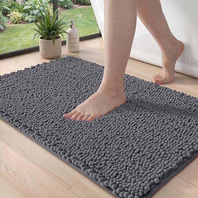 DEXI Bathroom Rugs 32x20, Super Soft Thick Chenille Absorbent Bath Mat, Non Slip Machine Washable Fluffy Shag Bathmat for Sink, Tub, Shower Floor, Grey