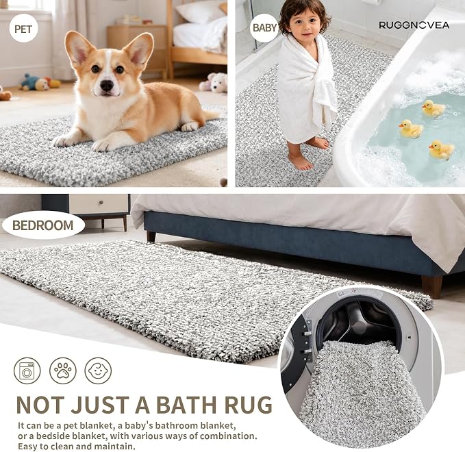 Bathroom Rugs Non Slip Washable 36x24,Ultra Soft Thick Shaggy Absorbent Bath Mats,High Density Foam Latex Non Slip Backing Bath Rugs,Microfiber Bath Mats for Bathroom Floor&Sink,White Grey