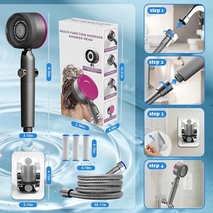 Filtered Handheld Shower Head, High Pressure Power Showerhead with 5 Filters & 59" Flexible Hose, 360° Rotating Adjustable Shower Head with Wall Holder & ON/Off Switch for Hair & Skin, Gray