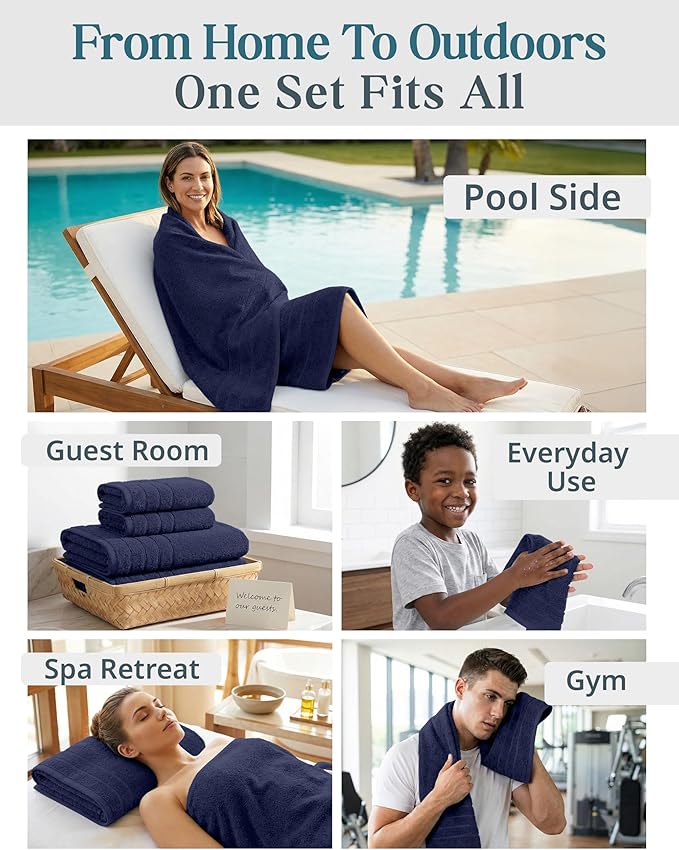 24-Piece Premium Bathroom Towel Sets – Ultra Soft 100% Cotton Towel, 2 Bath Sheets, 2 Bath, 2 Gym Towel, 4 Fingertip, 6 Hand, 8 Washcloths, Hotel & Spa-Quality Design, Easy to Wash – Navy