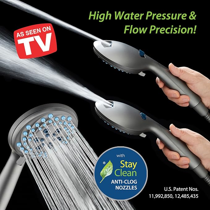 AquaCare Seen-On-TV High Pressure 8-mode Handheld Shower Head - 2-mode Power Wash to Clean Tub, Tile & Pets, Stay-Clean Nozzles, Extra Long 6 ft. Stainless Steel Hose, Wall & Overhead Brackets, Modern