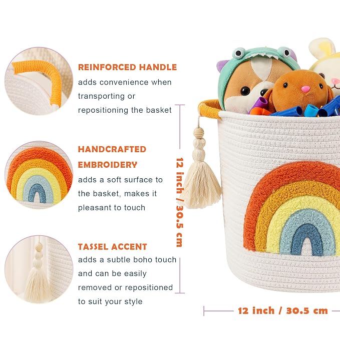 Toy Storage Baskets Woven Cotton Rope Storage Basket Kids Blanket Baskets for Living Room, Toys Organizer with Embroidery Colorful Rainbow Decor, Baby Basket for Laundry Nursery (Boho Rainbow)