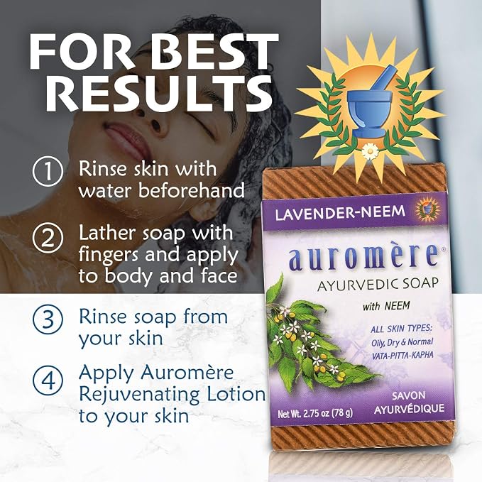 Auromere Ayurvedic Bar Soap, Lavender Neem - Eco Friendly, Handmade, Vegan, Cruelty Free, Natural, Non GMO (2.75 oz), 1 pack