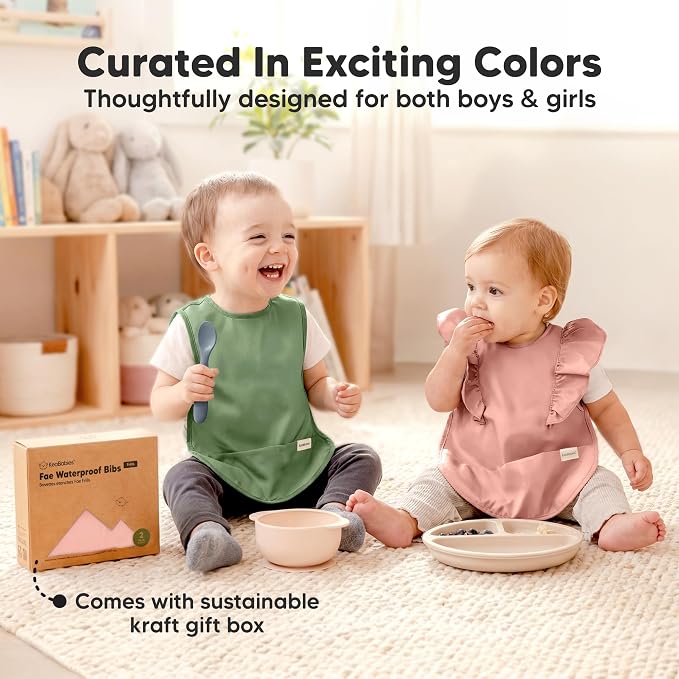 KeaBabies Waterproof Bibs for Baby Girl,Boy – 2-Pack Lightweight, Large Baby Bibs for Eating, Wearable Food Catcher, 6-12 Months Infant Feeding Essentials, Smock for Toddlers 1-3, Kids (Dusk)