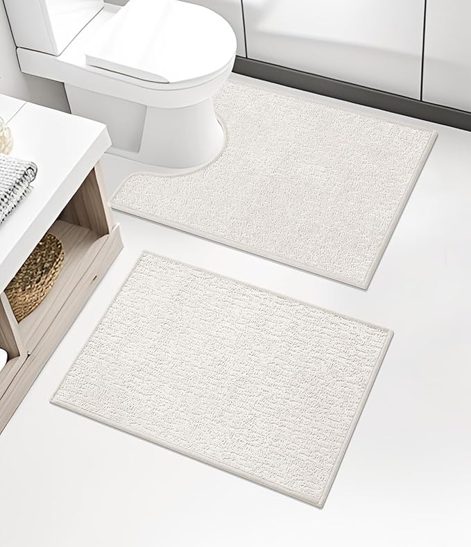 chakme Bathroom Rug Sets 2 Piece, Ultra Thin Quick Dry Bath Mat Set, Absorbent Bath Mat for Bathroom Non Slip Machine Washable, (White, 2 Piece)