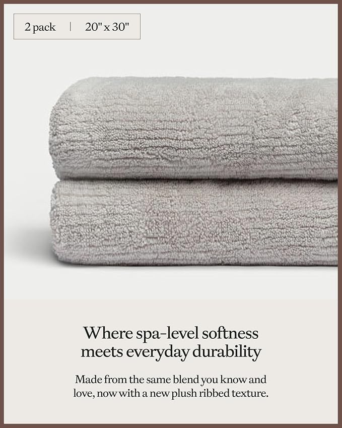 Cozy Earth Ribbed Hand Towel Set - 60% Cotton 40% Viscose from Bamboo Hand Towels - Soft & Absorbent Textured Ribbed Pattern - 2 Pack Light Grey