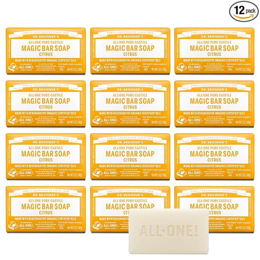 Dr. Bronner's Pure-Castile Magic Bar Soaps - Made with Regenerative Organic Certified Oils - For Face, Body, Hair- Vegan Soap Bars for Men & Women - Citrus, 12 pack, 5 oz