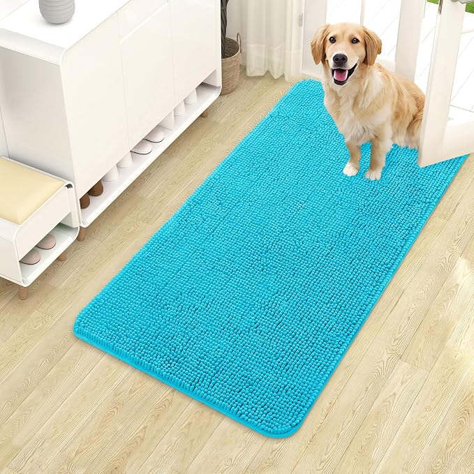 OLANLY Dog Door Mat for Muddy Paws 40x24, Absorbs Moisture and Dirt, Absorbent Non-Slip Washable Doormat, Quick Dry Chenille Mud Mat for Dogs, Entry Indoor Entryway Carpet for Inside Floor, Aqua Blue