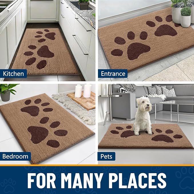 Smiry Dog Door Mat for Muddy Paws, Absorbs Moisture and Dirt, Low-Profile Entryway Mat with Non-Slip Backing, Entry Indoor Outdoor Doormat for Inside Floor (48x32 Inches, Beige, Paw)