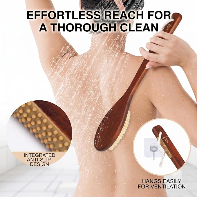 Wooden Bath Brush with Gentle Bristles Long Handle for Shower Back Scrubber Body Exfoliator (Gental Boar Bristle)