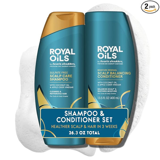 Head & Shoulders Royal Oils Shampoo and Conditioner Set, 1% Pyrithione Zinc, Scalp Care & Hydration, Moisture Renewal Conditioner + Anti-Dandruff Shampoo, 12.8 fl oz Each