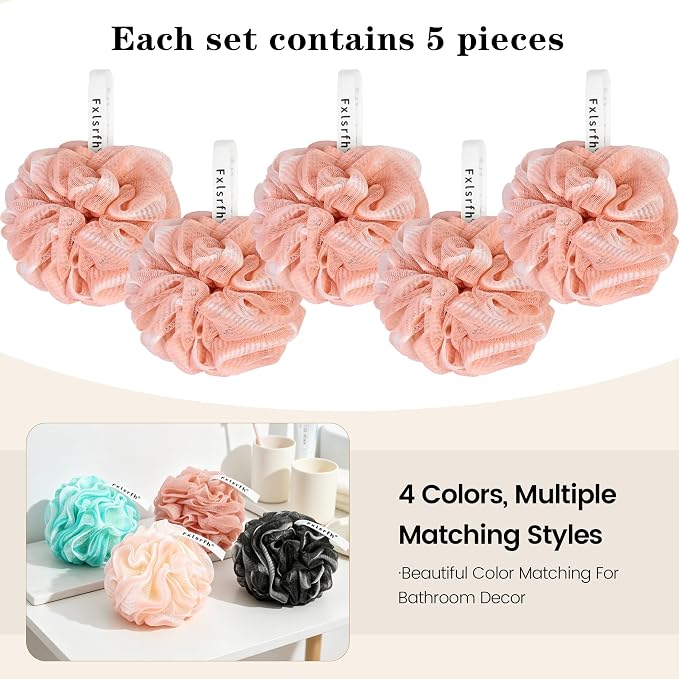 Bath Loofah Sponge 70 Grams Large Size, Soft Mesh Long-Lasting Shower Loofah for Rich Lather, 5 Pack Shower Sponge Exfoliating Cleaning Bath Loofa Body Scrubber Balls for Men & Women(Red)