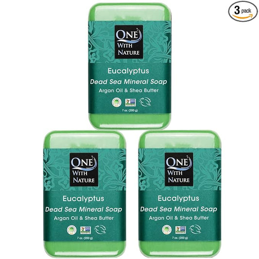 One With Nature Eucalyptus Soap 7oz 3-Pack – Rejuvenating and Exfoliating Soap Bar with Dead Sea Salt for Face & Body, for Men & Women