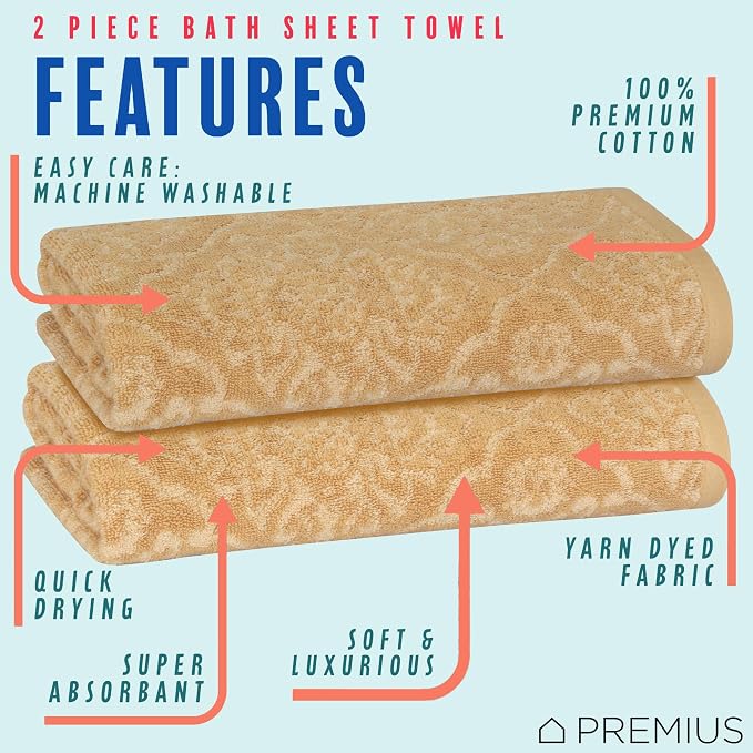 2 Pack Damask Hand Towel, Bath Towel, and Bath Sheet Towel, 100% Cotton Yarn Dyed, Lux Drying Experience, Great for Hands and Body, Perfect for Spa & Home Use (Wheat, Bath Sheet)
