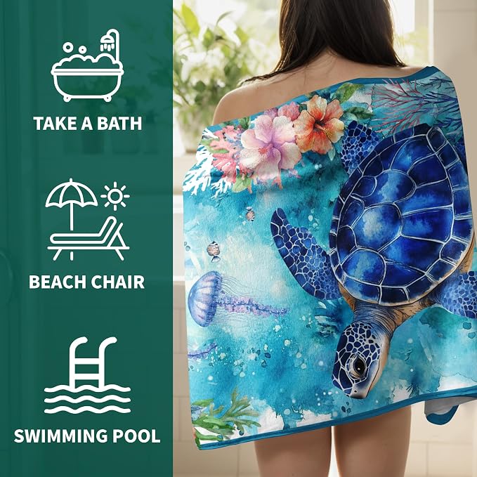 Blue Sea Turtle Bath Towels Summer Ocean Soft Bath Sheet Absorbent Microfiber Towel for Bathroom Pool