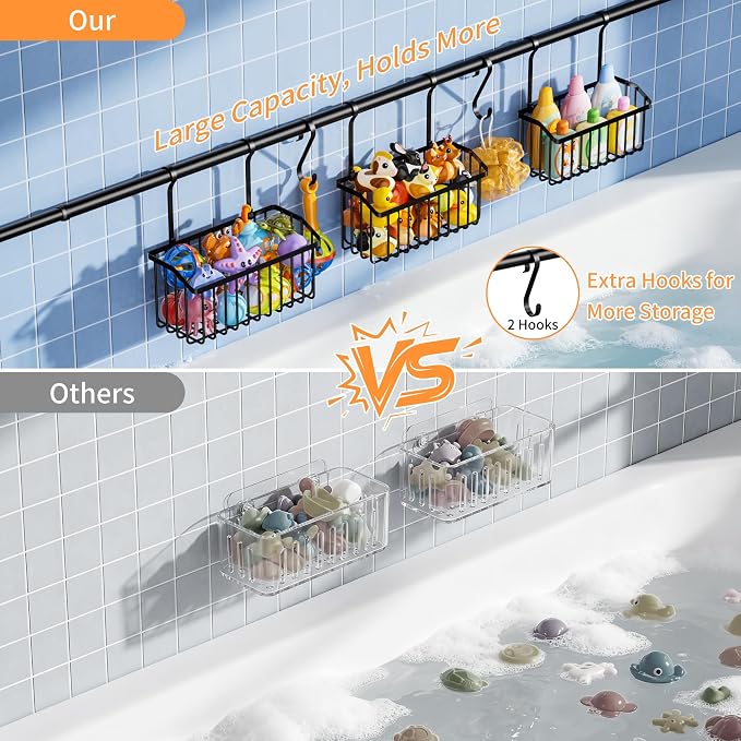 KEGII Over-the-Tub Bath Toy Storage, Adjustable 61-82.67 Inch Bathtub Toy Organizer Holder with 3 Baskets and Hooks, Large Capacity Kids Bath Toy Storage Rack for Easy Sorting and Drainage, Black