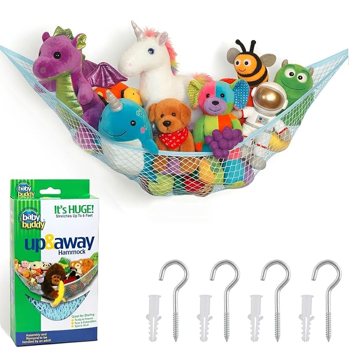 Baby Buddy Stuffed Animal Hammock Storage Net - Corner Space-Saving Toy Organizer for Nursery and Kids Bedroom Organization, Holds 25 Pounds, Easy Wall Mount, Blue