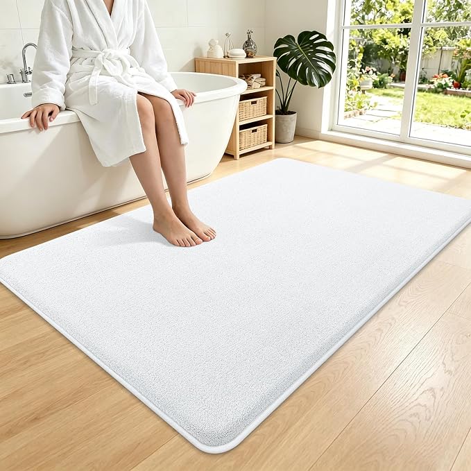 Smiry Memory Foam Bath Mat 59x35, Extra Soft Bathroom Rug, Ultra Absorbent, Quick Dry, Machine Washable Bathroom Mat for Shower, Tub & Floor Decor, White