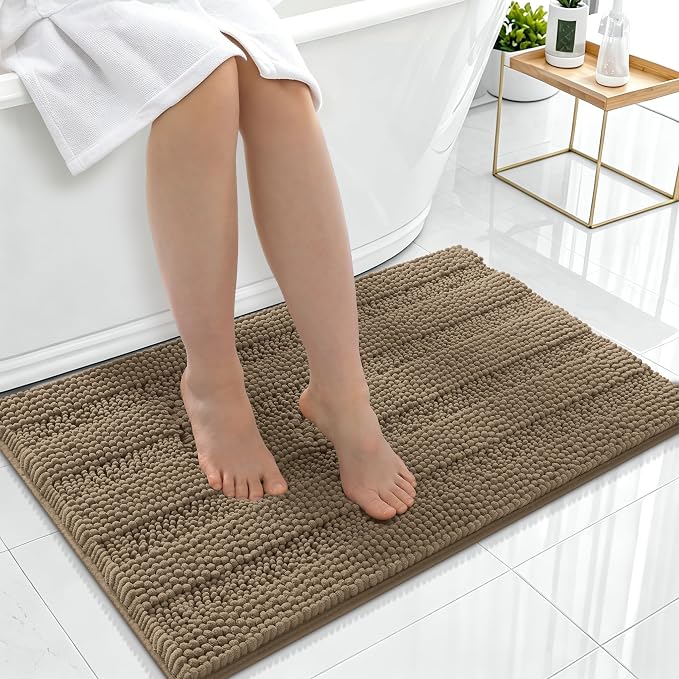 Smiry Thick Chenille Bathroom Rugs 36x24, Extra Soft Absorbent Striped Bath Mat, Machine Washable, Rubber Backing, Bath Rugs for Bathroom, Tub & Shower, Modern Home Decor Accessories, Tan