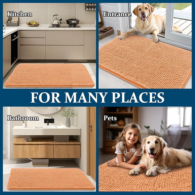 OLANLY Dog Door Mat for Muddy Paws 47x20, Absorbs Moisture and Dirt, Absorbent Non-Slip Washable Doormat, Quick Dry Chenille Mud Mat for Dogs, Entry Indoor Entryway Carpet for Inside Floor, Orange