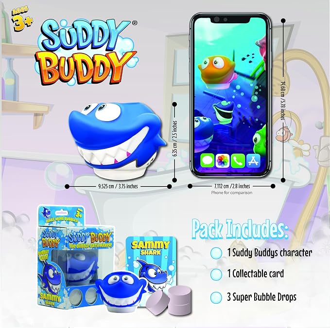 Suddy Buddy® Bubble Maker for Bathtub | Fun Kid Bubble Bath Toys | Safe Bath Bubbler for Boys & Girls Ages 3+ | Includes 1 Foam Dispenser, 1 Trading Card & 3 Super-Bubble Drops | Calvin Clownfish