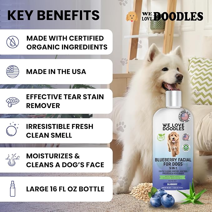 Blueberry Facial Dog Shampoo - Dog Tear Stain Remover, Brightens & Whitens Coat, Cleans & Deodorizes, Tearless, 16:1 Concentrated, 16 oz [We Love Doodles]