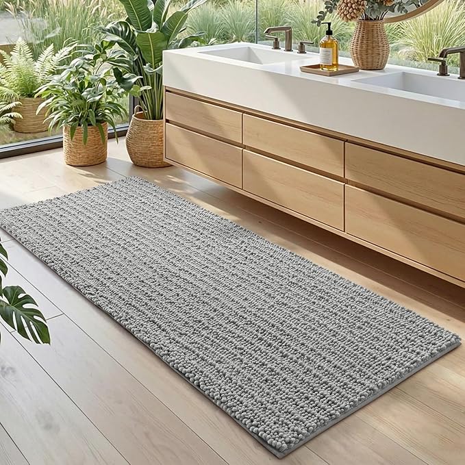 DEXI Bathroom Rugs 60x24, Super Soft Thick Chenille Absorbent Bath Mat, Non Slip Machine Washable Fluffy Shag Bathmat for Tub, Shower Floor, Light Grey