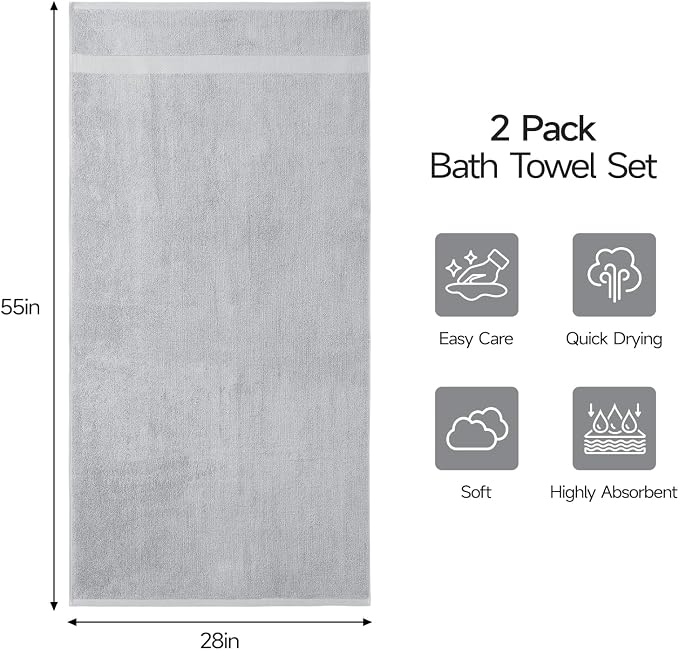 ecolook 2 Pack 100% Cotton Bath Towels, 28 x 55 Inches, Soft | Lightweight, Highly Absorbent & Quick Dry Body Towels for Bathroom, Shower, Gym & Daily Use, Light Gray