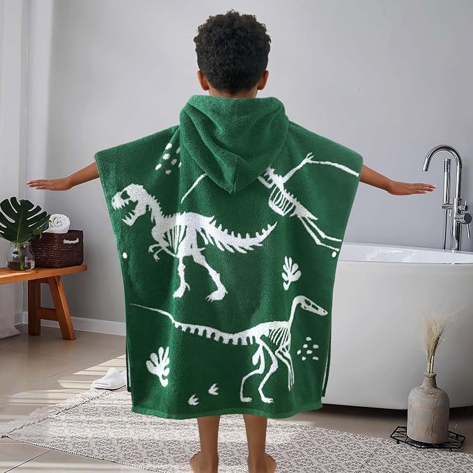 VOOVA & MOVAS Dinosaur Hooded Poncho Towels for Kids (4-8Years,28"x28"),Soft Cotton Thick Absorbent Towel Robe for Toddler Boys,Perfect for Bathroom | Pool | Swimming, Jacquard Green Dino