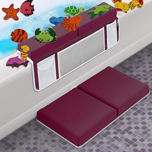 Supa Ant Bath Kneeler–8 Suction Cups & 1.5" Thick Padding.Award Winning Baby Bath Kneeler and Elbow Rest Pad Set with 5 Bath Toy Organizer Pockets.Non Slip Fast Drying Baby Bath Essentials Bordeaux