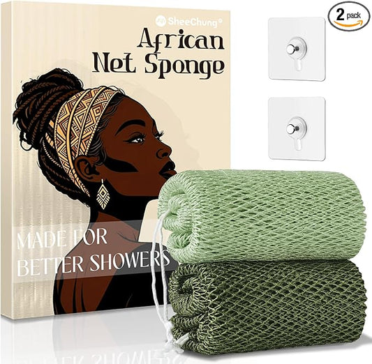 SheeChung African Net Sponge Authentic, Long Exfoliating Wash Cloths Shower Loofah Bath Sponge, 2 Pack Body & Back Scrubber for Women and Men (Sage Green & Olive Green)