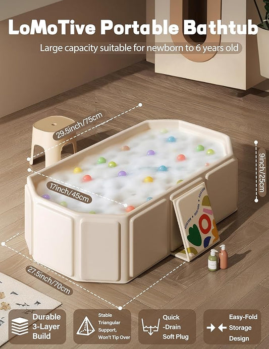 30" Collapsible & Portable Baby Bathtub for Newborn to 6 Years,White | Foldable,Thick PVC,Reinforced PP Frame,Non-Slip Base,Drain Plug,Easy Clean Carry Storage for Indoor Outdoor Travel
