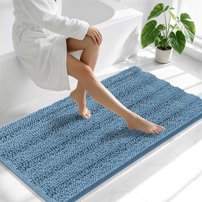 Smiry Thick Chenille Bathroom Runner Rugs 47x24, Extra Absorbent Striped Bath Mat, Machine Washable, Rubber Backing, Long Bath Rugs for Tub & Shower, Modern Home Decor Accessories, Airy Blue