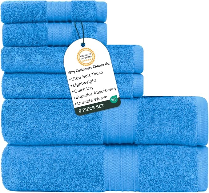 Feather & Stitch 100% Cotton Bath Towel Set of 6, 625 GSM Ultra Soft Highly Absorbent 2 Bath Towels, 2 Hand Towels & 2 Washcloth - Luxury Quick Dry Shower Towels. (Deep Cyan)