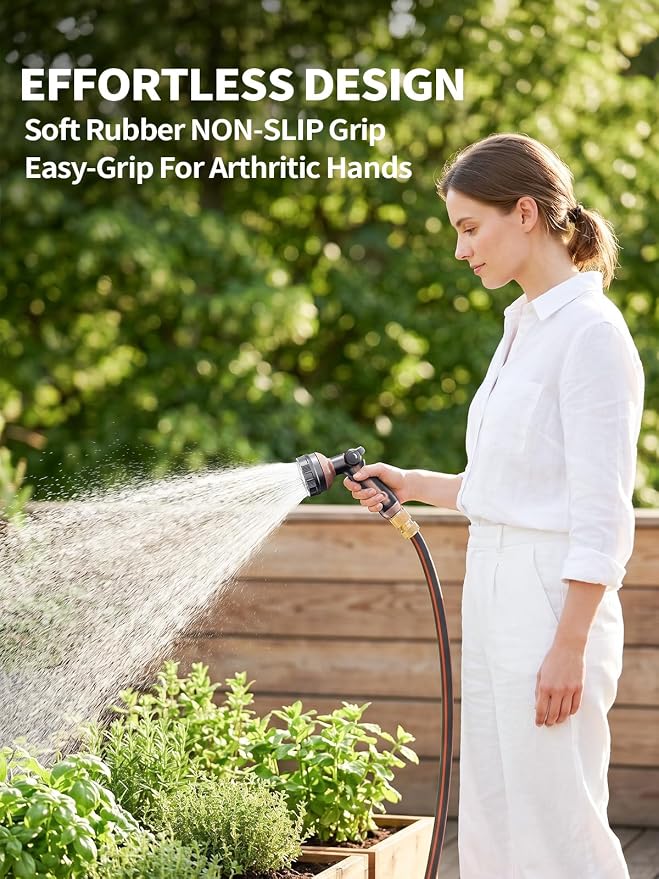 Garden Hose Nozzle, Metal Water Spray Nozzle with 8 Spray Patterns & Thumb Control, Heavy Duty Full Shower Water Nozzle for Lawn & Plant Watering, Car & Pet Washing, Black