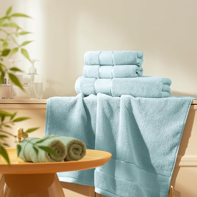 Marvione Bath Towels Set 6 Piece, 100% Turkish Cotton Highly Absorbent and Soft Towels for Bathroom 2 Bath Towels 2 Hand Towels 2 Washcloths, Light Aqua Blue