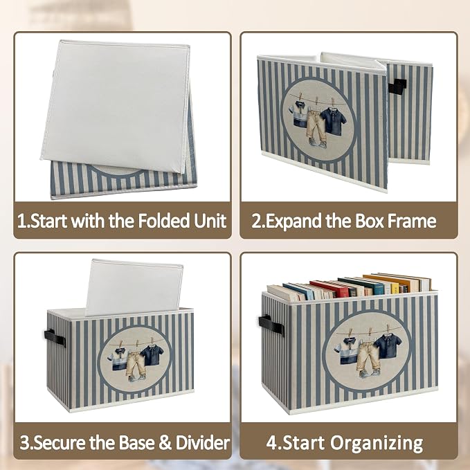 Boy Nursery Foldable Storage Bins Box with Handles, Blue Striped Laundry Clothesline Toddler Boy Collapsible Organizer Basket for Boys Kids Bedroom Bathroom Playroom Clothes Books