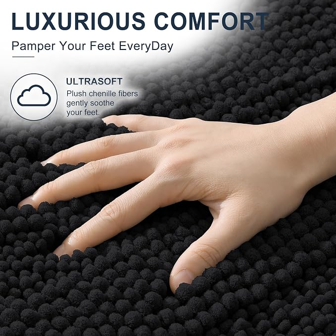 Smiry Thick Chenille Large Bathroom Rugs 40x32, Extra Soft Absorbent Striped Bath Mat, Machine Washable, Rubber Backing, Bath Rugs for Bathroom, Tub & Shower, Home Decor Accessories, Black